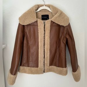 Brown leather fuzzy coat